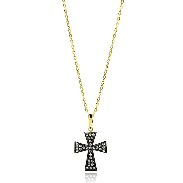 Silver 925 Gold Plated Black and Clear Cross CZ Necklace - BGP00631 | Silver Palace Inc.