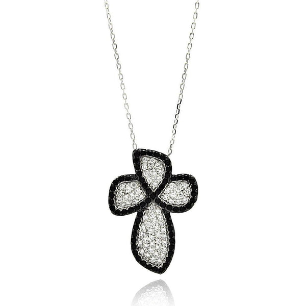 Silver 925 Rhodium Plated Black and Clear Cross CZ Necklace - BGP00632 | Silver Palace Inc.