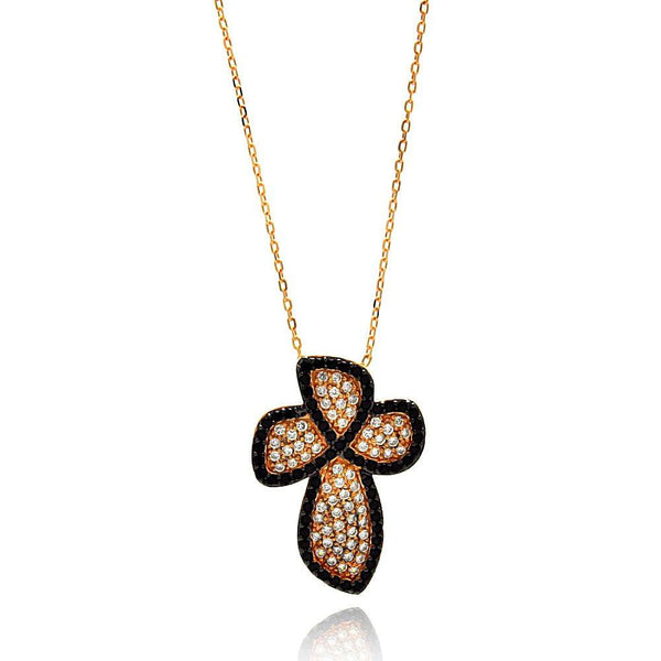 Silver 925 Gold Plated Black and Clear Cross CZ Necklace - BGP00633 | Silver Palace Inc.