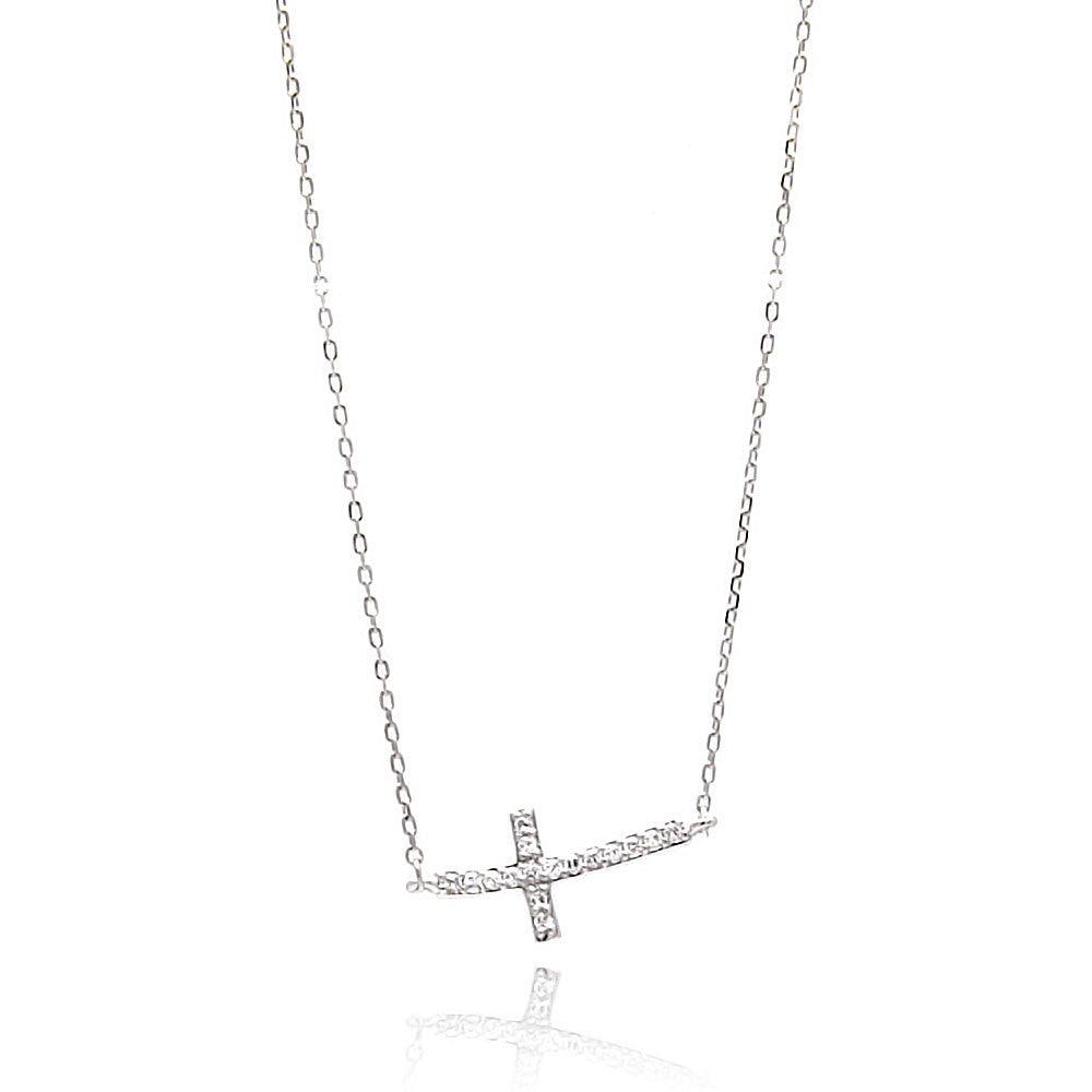 Silver 925 Rhodium Plated Sideways Cross CZ Necklace - BGP00646 | Silver Palace Inc.