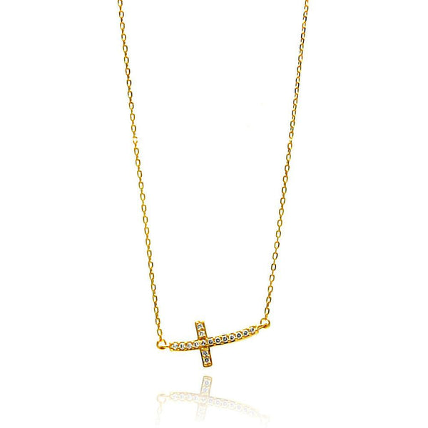 Silver 925 Gold Plated Curvy Sideways Cross CZ Necklace - BGP00647 | Silver Palace Inc.