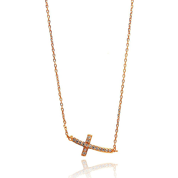 Silver 925 Rose Gold Plated Sideways Cross CZ Necklace - BGP00648 | Silver Palace Inc.