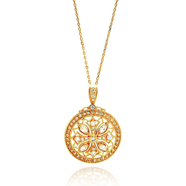 Silver 925 Rose Gold Plated Circle Flower Design CZ Inlay Dangling Necklace - BGP00651 | Silver Palace Inc.