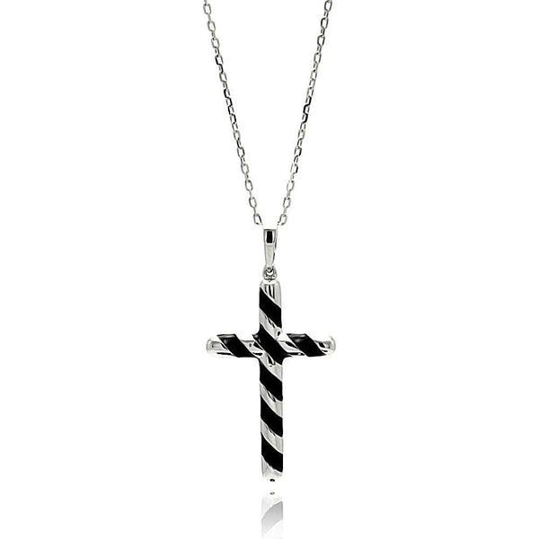 Silver 925 Rhodium Plated Black Enamel Stripe Cross Necklace - BGP00662 | Silver Palace Inc.