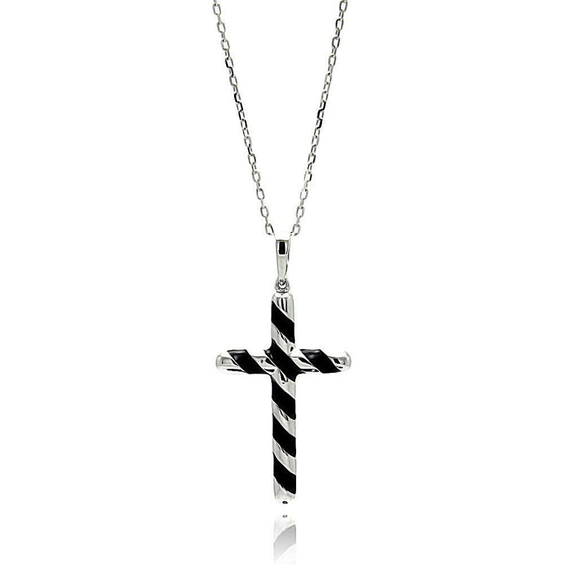 Silver 925 Rhodium Plated Black Enamel Stripe Cross Necklace - BGP00662 | Silver Palace Inc.