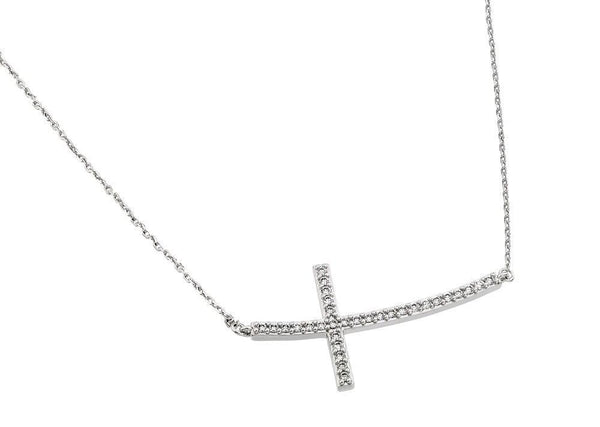 Silver 925 Rhodium Plated Sideways Cross CZ Necklace - BGP00668 | Silver Palace Inc.