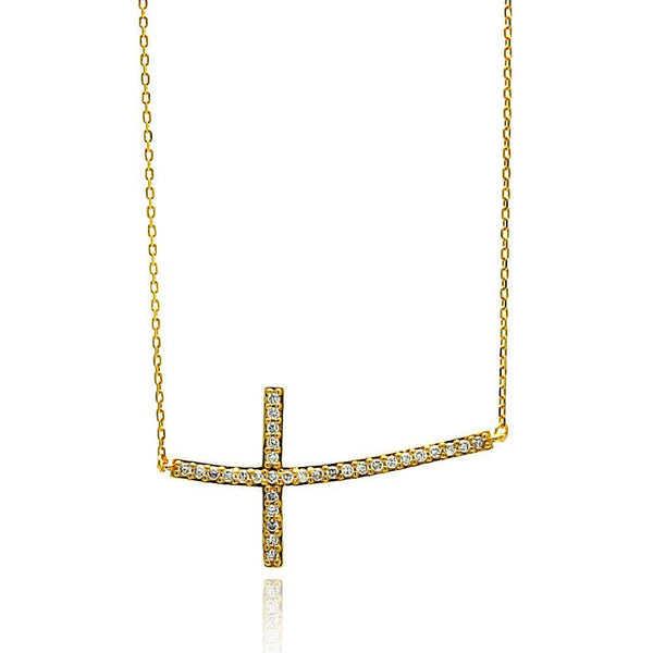 Silver 925 Gold Plated Sideways Cross CZ Necklace - BGP00670 | Silver Palace Inc.
