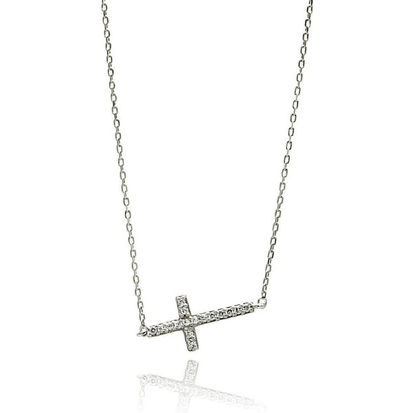 Silver 925 Rhodium Plated Sideways Cross CZ Necklace - BGP00671 | Silver Palace Inc.
