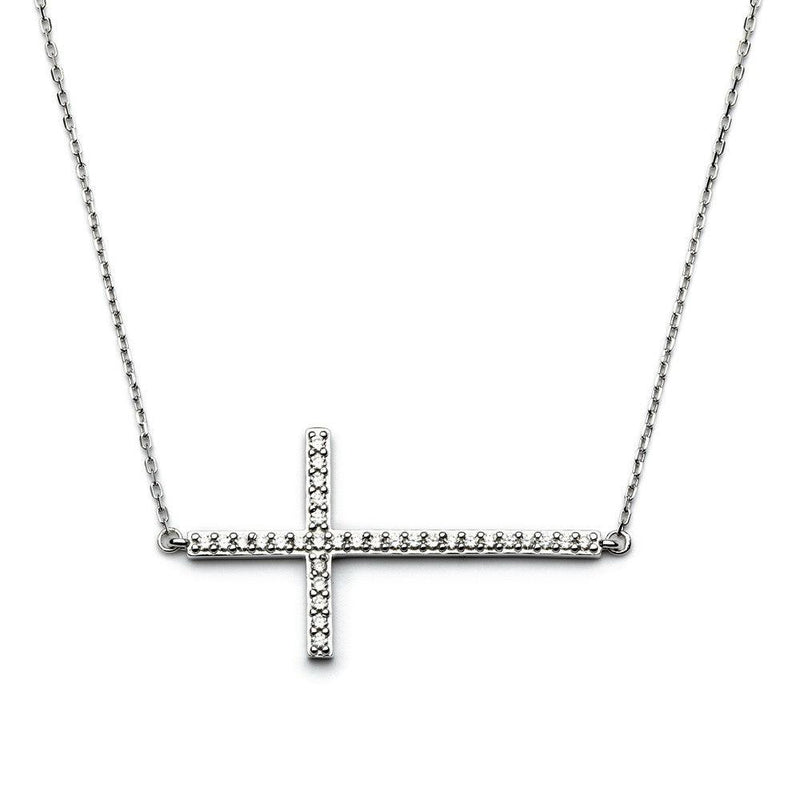 Silver 925 Rhodium Plated Sideways Cross CZ Necklace - BGP00674 | Silver Palace Inc.