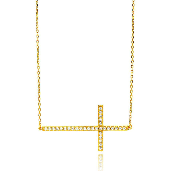 Silver 925 Gold Plated Sideways Cross Clear CZ Necklace - BGP00676 | Silver Palace Inc.