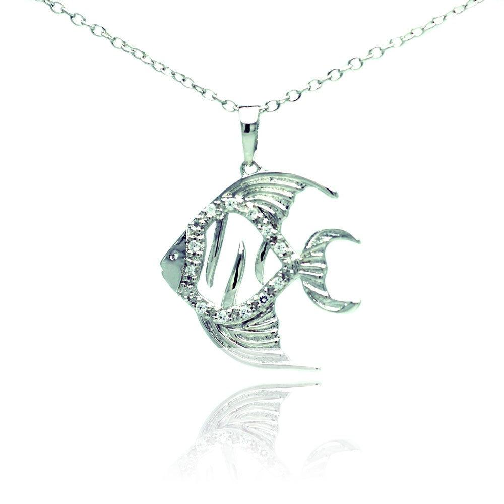 Silver 925 Rhodium Plated Fish Micro Pave CZ Necklace - BGP00682 | Silver Palace Inc.