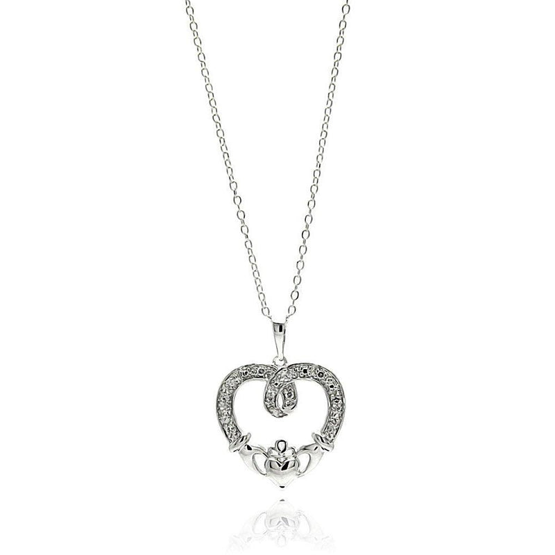 Silver 925 Rhodium Plated Open Heart CZ Outline Necklace - BGP00684 | Silver Palace Inc.