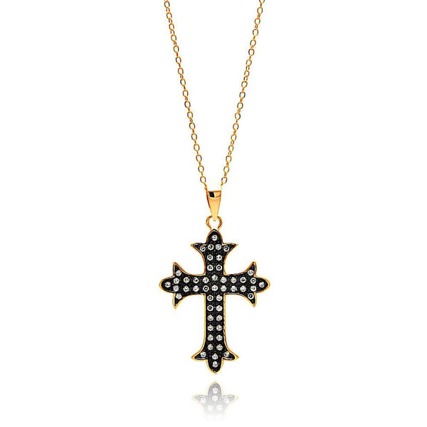 Silver 925 Gold and Black Plated Cross CZ Inlay Necklace - BGP00686 | Silver Palace Inc.