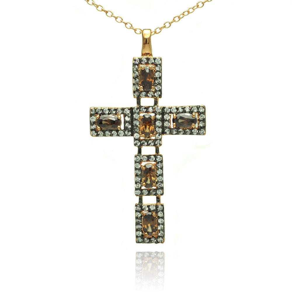 Closeout-Silver 925 Rhodium Plated Cross Clear and Champagne CZ Necklace - BGP00714 | Silver Palace Inc.