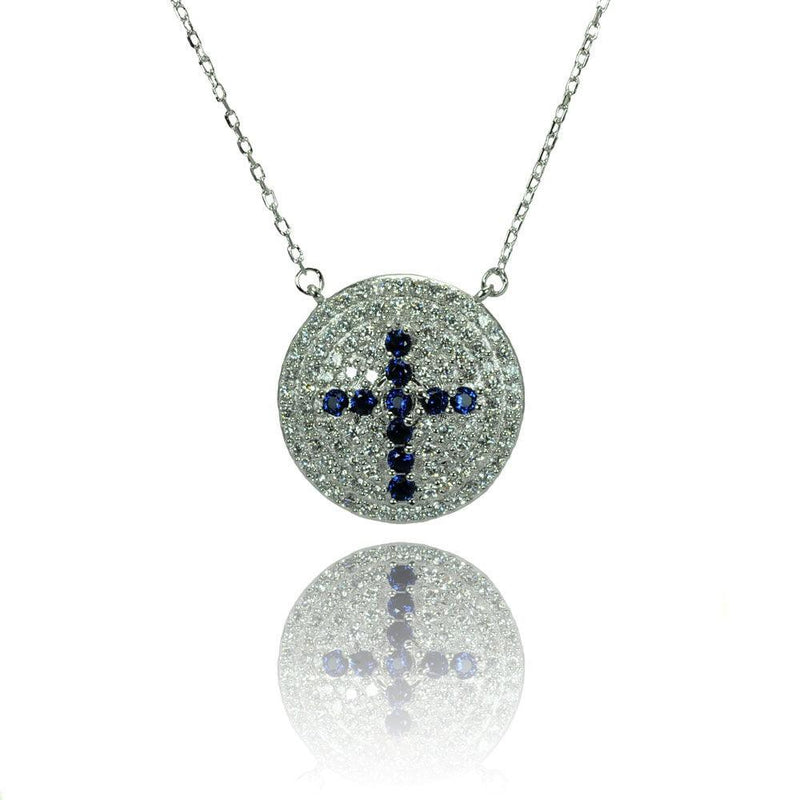 Silver 925 Rhodium Plated Disc Blue Cross CZ Inlay Necklace - BGP00789 | Silver Palace Inc.
