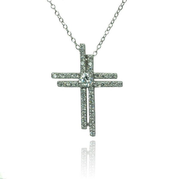 Silver 925 Rhodium Plated Double Cross Center Circle CZ Necklace - BGP00793 | Silver Palace Inc.