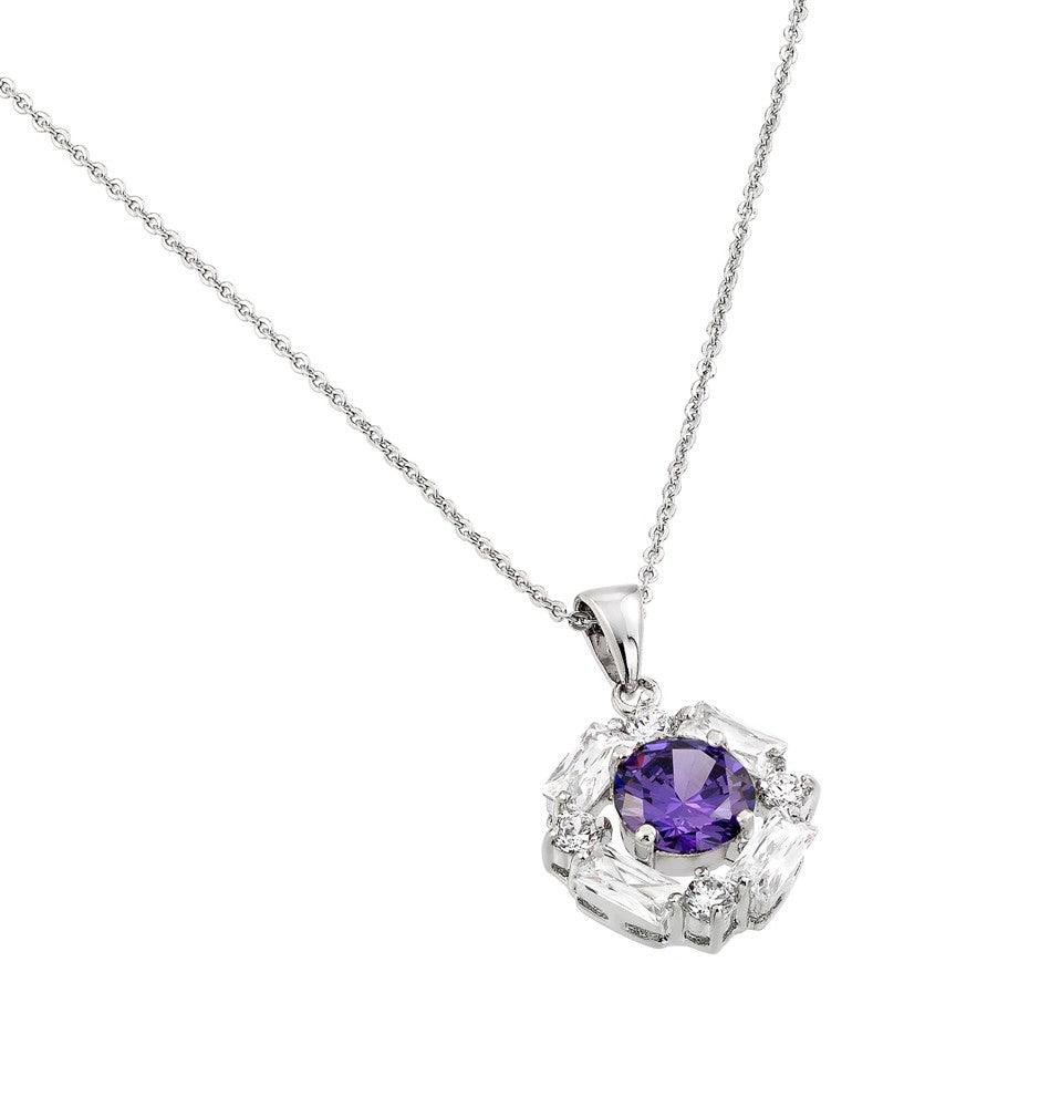 Silver 925 Rhodium Plated Circle Center Purple CZ Necklace - BGP00809P | Silver Palace Inc.