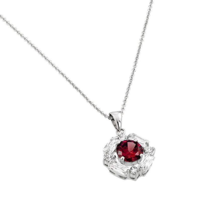 Silver 925 Rhodium Plated Circle Center Red CZ Necklace - BGP00809R | Silver Palace Inc.