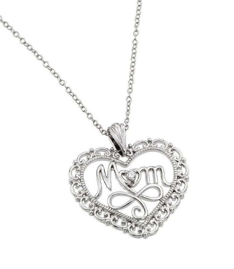 Silver 925 Rhodium Plated Clear CZ at Center Open Heart Mom Pendant Necklace - BGP00839 | Silver Palace Inc.