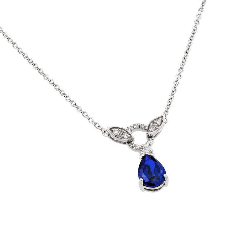 Silver 925 Rhodium Plated Blue and Clear CZ Stone Tear Drop Shape Pendant Necklace - BGP00846B | Silver Palace Inc.