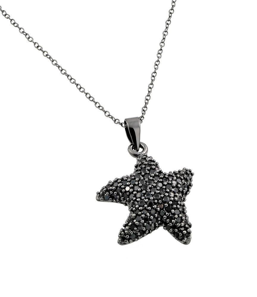 Silver 925 Black Rhodium Plated Black CZ Stone Onyx Star Fish Pendant Necklace - BGP00852 | Silver Palace Inc.