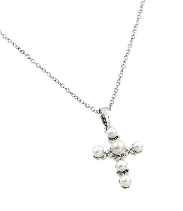 Silver 925 Rhodium Plated Cross Pearl Pendant Necklace - BGP00858 | Silver Palace Inc.