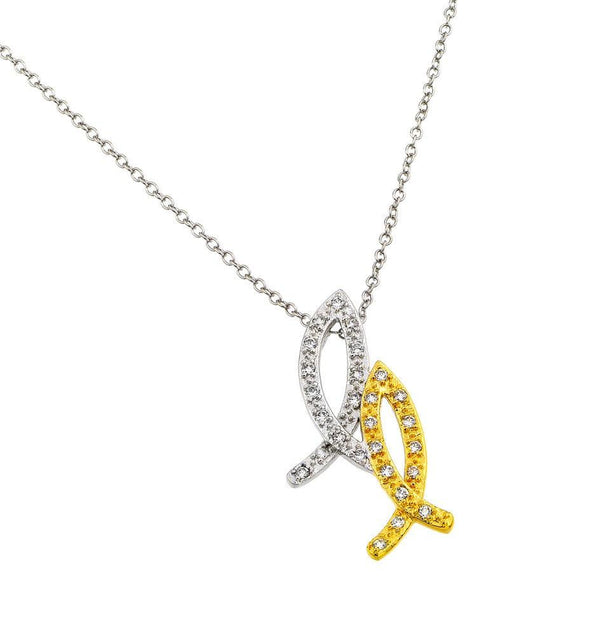 Silver 925 Rhodium Plated and Gold Plated 2 Tone 2 Christian Fish Pendant Necklace - BGP00864 | Silver Palace Inc.