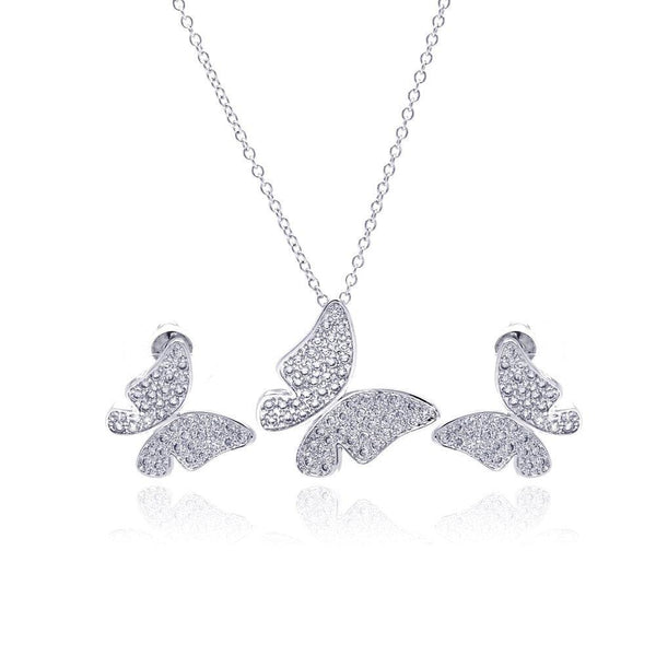 Silver 925 Rhodium Plated Clear Pave Set Butterfly CZ Stud Earring and Necklace Set - BGS00120 | Silver Palace Inc.