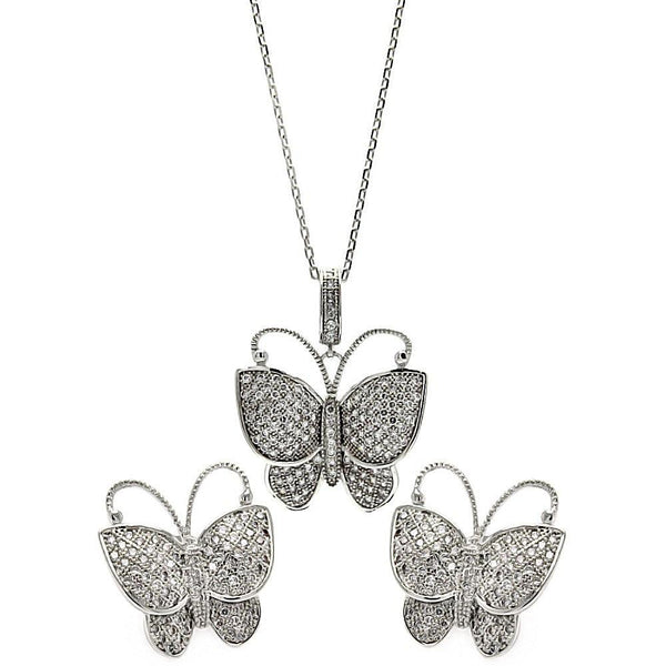 Silver 925 Rhodium Plated Micro Pave Clear Butterfly CZ Stud Earring and Necklace Set - BGS00257 | Silver Palace Inc.
