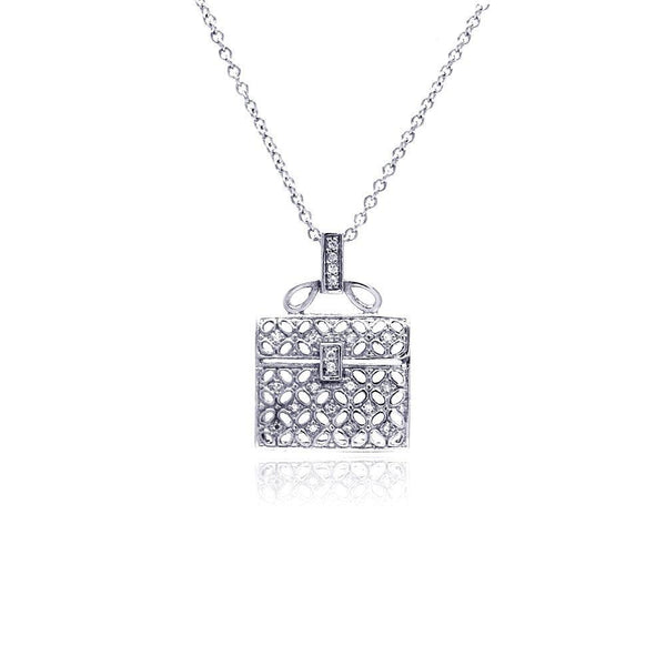 Closeout-Silver 925 Clear CZ Rhodium Plated Handbag Pendant Necklace - STP00007 | Silver Palace Inc.