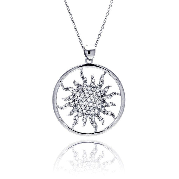 Silver 925 Clear CZ Rhodium Plated Round Tribal Design Pendant Necklace - STP00009 | Silver Palace Inc.