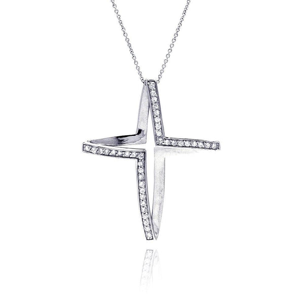 Closeout-Silver 925 Clear CZ Rhodium Plated Fancy Cross Pendant Necklace - STP00015 | Silver Palace Inc.