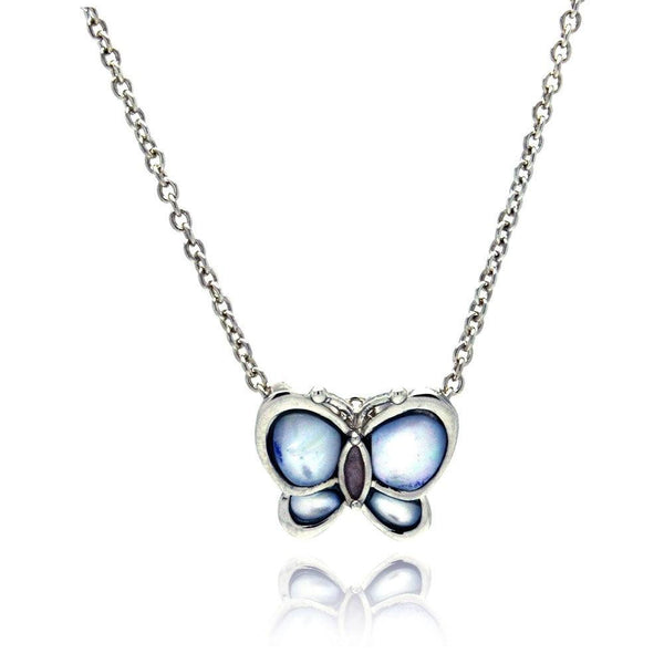 Closeout-Silver 925 Rhodium Plated MOP Blue Butterfly Pendant Necklace - STP00023-BLU | Silver Palace Inc.