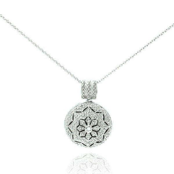 Silver 925 Rhodium Plated Clear CZ Tribal Locket Necklace - STP00041 | Silver Palace Inc.