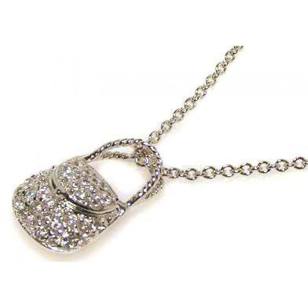 Closeout-Silver 925 Clear CZ Rhodium Plated Hand Bag Pendant Necklace - STP00062 | Silver Palace Inc.