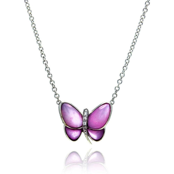 Closeout-Silver 925 Clear CZ Rhodium Plated Pink Butterfly Pendant Necklace - STP00104 | Silver Palace Inc.