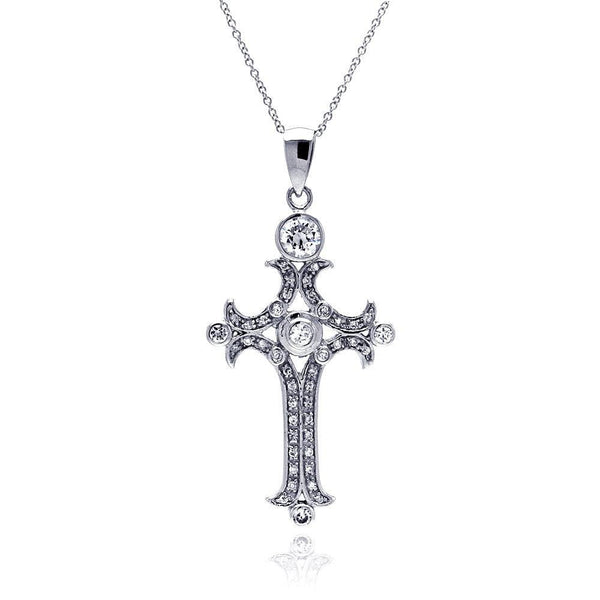 Closeout-Silver 925 Clear CZ Rhodium Plated Fancy Cross Pendant Necklace - STP00111 | Silver Palace Inc.