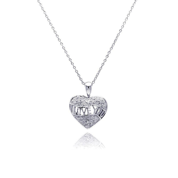 Closeout-Silver 925 Clear CZ Rhodium Plated I Love You Pendant Necklace - STP00141 | Silver Palace Inc.