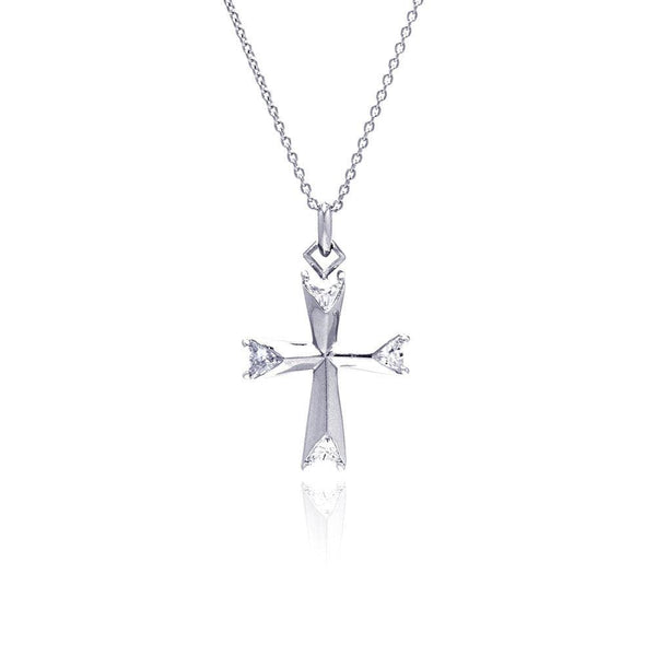 Silver 925 Clear CZ Rhodium Plated Fancy Cross Pendant Necklace - STP00148 | Silver Palace Inc.
