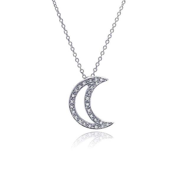 Silver 925 Clear CZ Rhodium Plated Half Moon Pendant Necklace - STP00152 | Silver Palace Inc.