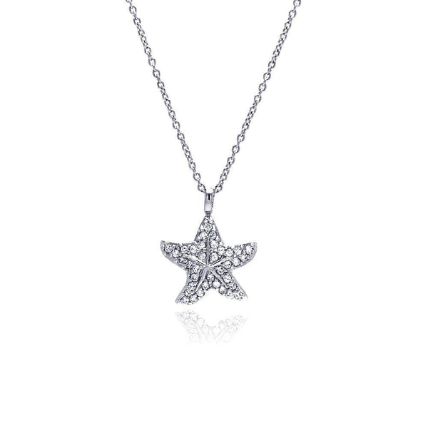Silver 925 Clear CZ Rhodium Plated Starfish Pendant Necklace - STP00179 | Silver Palace Inc.
