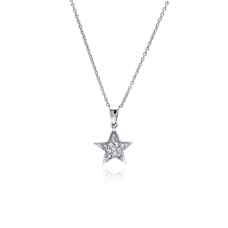 Silver 925 Clear CZ Rhodium Plated Double Star Pendant Necklace - STP00180 | Silver Palace Inc.