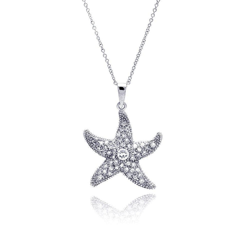 Silver 925 Clear CZ Rhodium Plated Starfish Pendant Necklace - STP00186 | Silver Palace Inc.