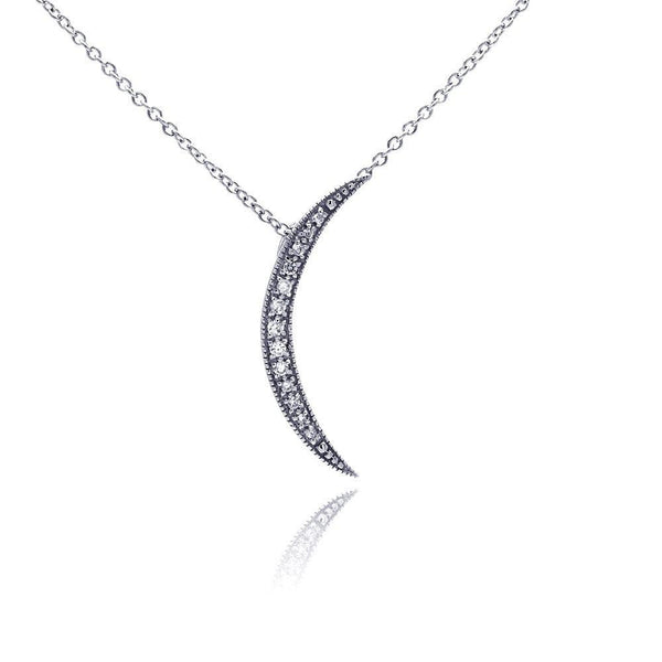 Silver 925 Clear CZ Rhodium Plated Moon Pendant Necklace - STP00193 | Silver Palace Inc.