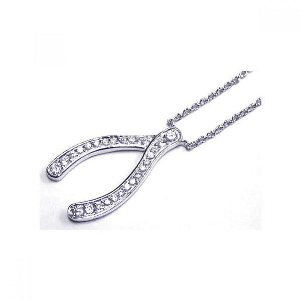 Closeout-Silver 925 Clear CZ Rhodium Plated Wishbone Pendant Necklace - STP00204 | Silver Palace Inc.