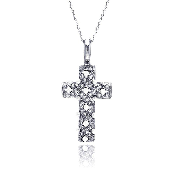 Silver 925 Clear CZ Rhodium Plated Fancy Cross Pendant Necklace - STP00211 | Silver Palace Inc.