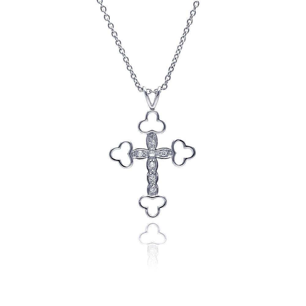 Silver 925 Clear CZ Rhodium Plated Fancy Cross Pendant Necklace - STP00222 | Silver Palace Inc.
