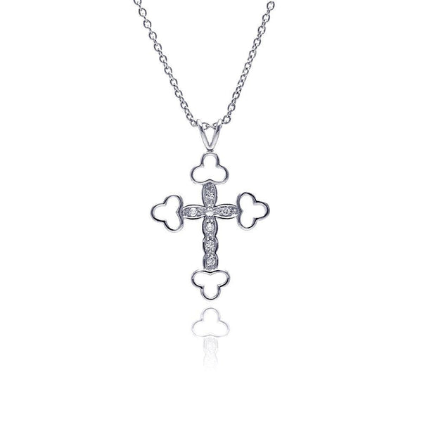 Silver 925 Clear CZ Rhodium Plated Fancy Cross Pendant Necklace - STP00222 | Silver Palace Inc.