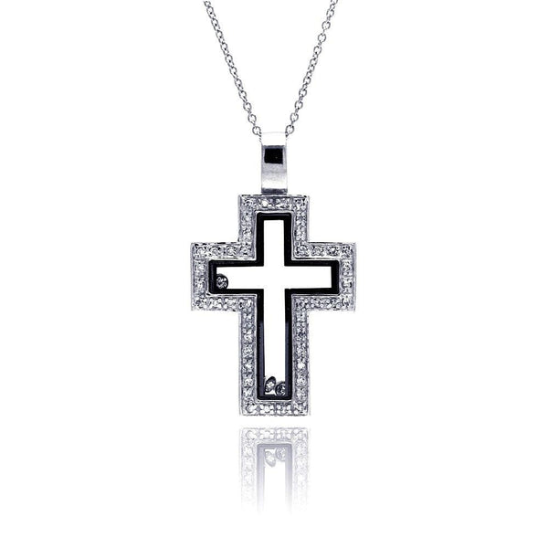 Closeout-Silver 925 Clear Black CZ Rhodium Plated Cutout Cross Pendant Necklace - STP00263 | Silver Palace Inc.