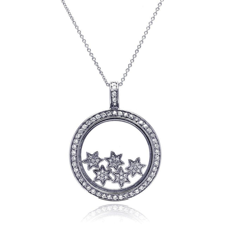 Silver 925 Clear CZ Rhodium Plated Inner Stars Pendant Necklace - STP00266 | Silver Palace Inc.